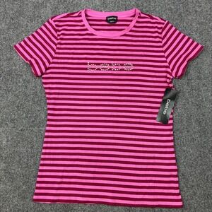 Bebe Pink Maroon Striped Rhinestone Ribbed T-Shirt Womens Size Large Shirt NEW